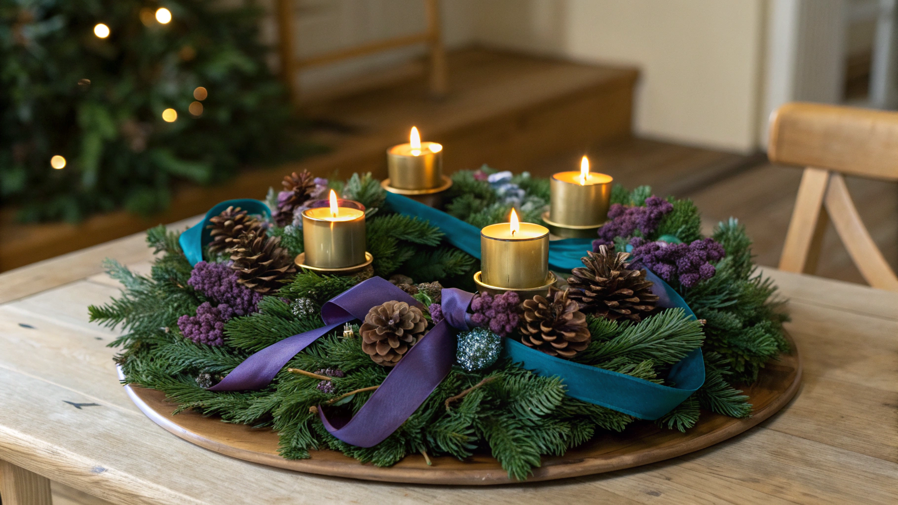 Advent wreath illuminated by candlelight